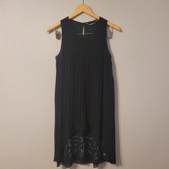 Desigual Black Ruched Mini Dress Womens US 6 Assymetrical‎ Embellished LBD - Picture 1 of 10